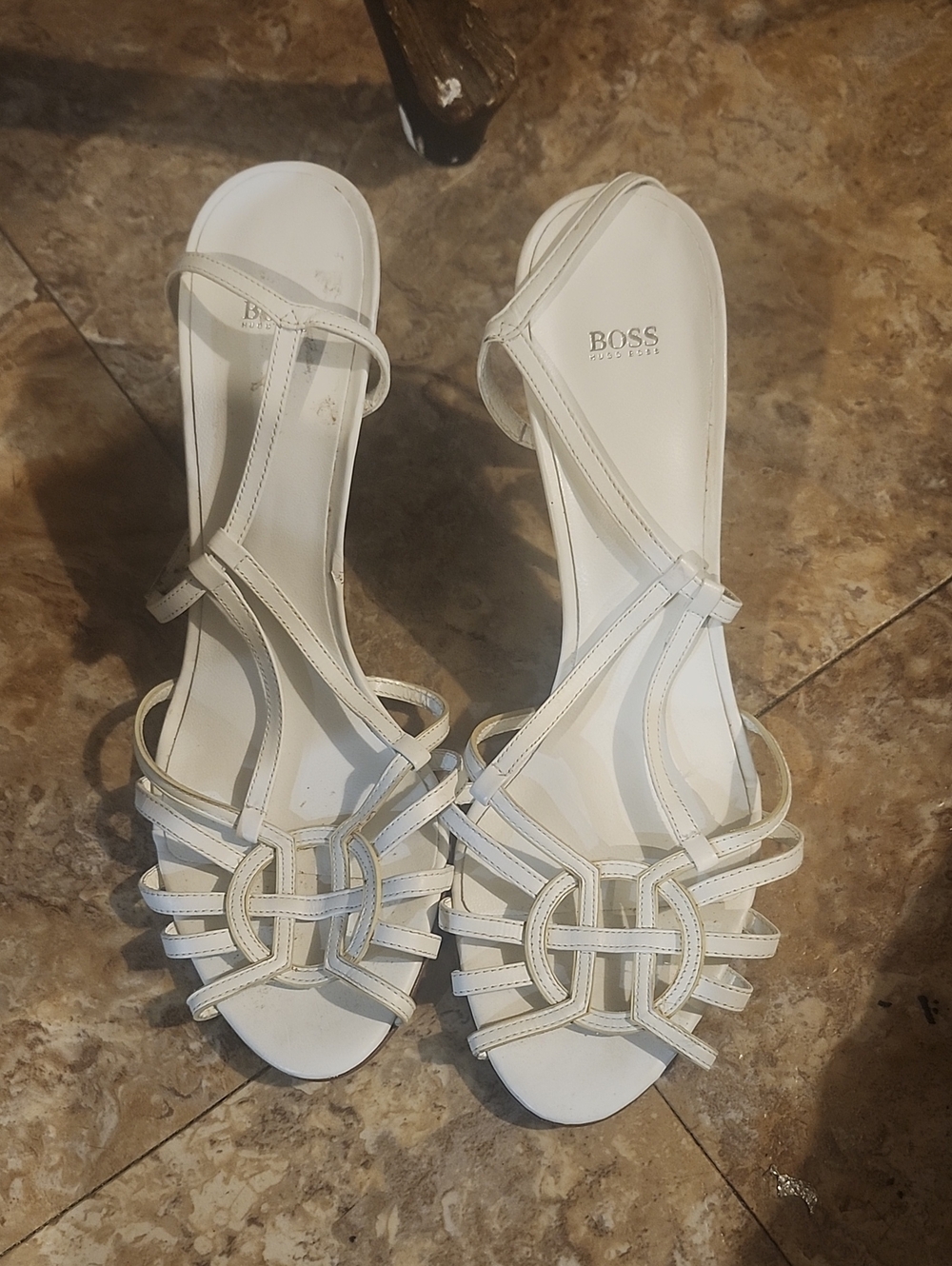 BOSS White Strappy Circle-Detail Dress Sandals